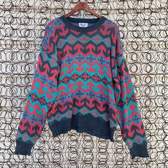 Vintage 80s 90s Private Club abstract stripe knit sweater bold primary LARGE - Picture 1 of 5